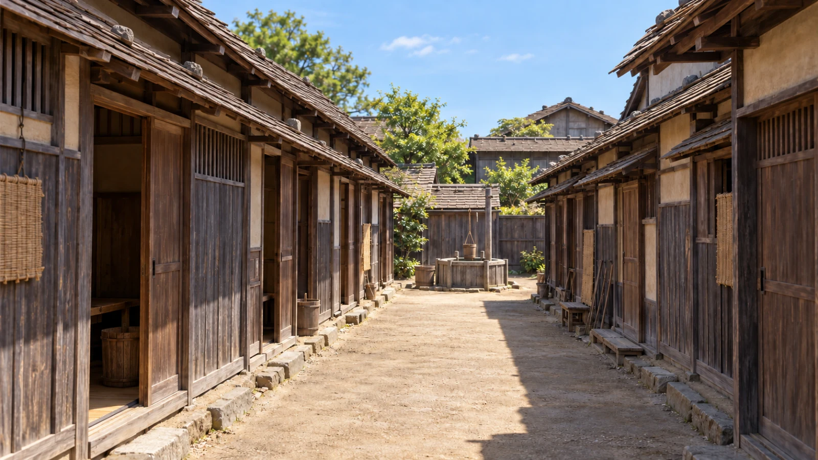 路地の両側に長屋の戸口が並び、奥に共同井戸を置いた江戸の裏長屋の再現イメージ