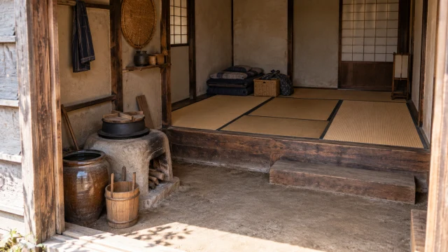 低い土間に竈と水がめを置き、奥に一段高い畳の居間を設けた江戸の長屋の再現イメージ