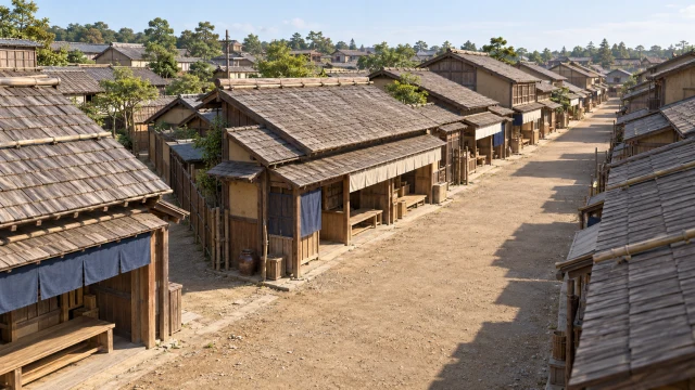 通りの両側に木造の店が向き合い、建物の間から奥への細い空間が見える江戸初期の説明用再現