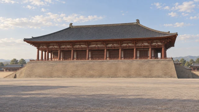 高い壇の上に暗色の瓦屋根の木造宮殿を置き、中央正面に階段を描かない唐の説明用再現
