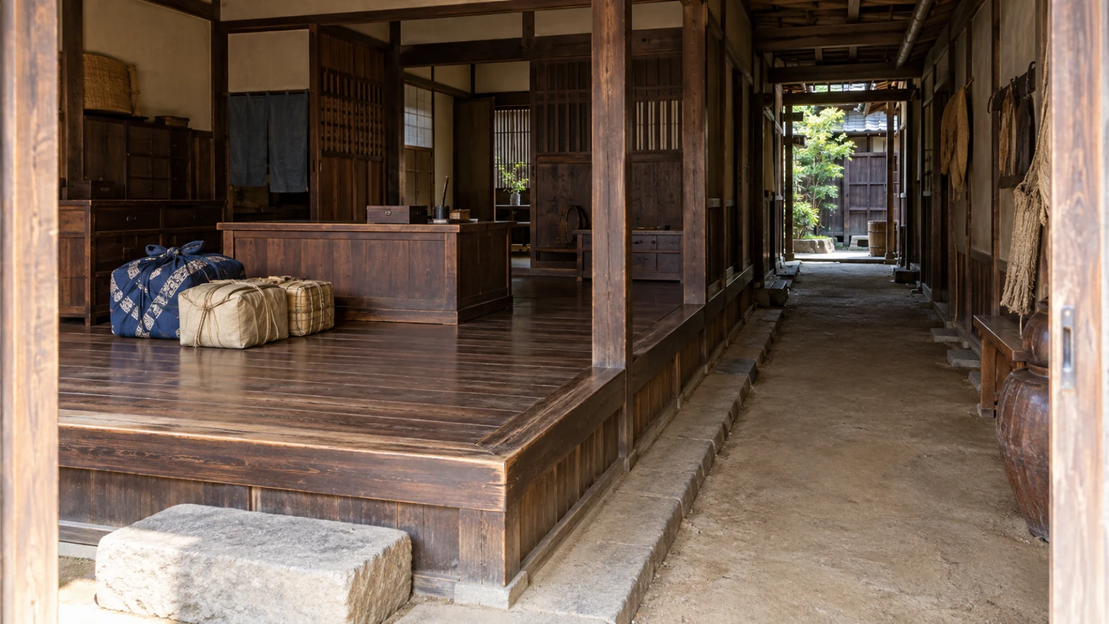 高い板床の帳場と荷物の空間、奥へ続く低い土間を見せた旅籠の説明用再現