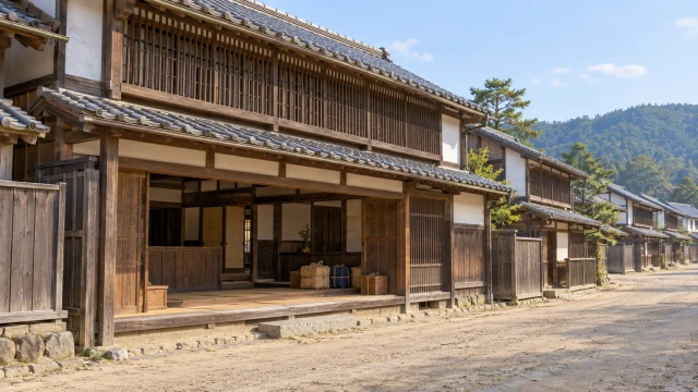 街道に面する木造の旅籠の入口と前面の低い二階を示した江戸後期の説明用再現